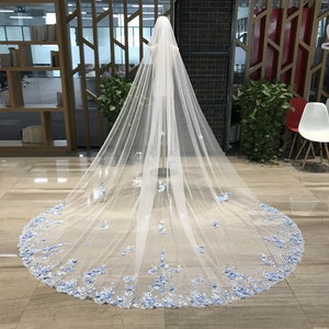 Bridal Veil with Fairy Blue Lace Floral Blue Flower Wedding Veil Soft Tulle Ivory Bridal Veil Royal Length Veil Custom Hand-Made Veil