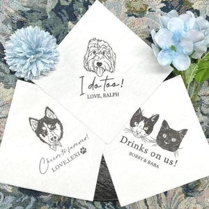 Customized Wedding Napkins — Napkins with Dogs & Cats,Bridal Shower, Engagement Party, Personalized Pet Cocktail Napkins, Dog Napkins