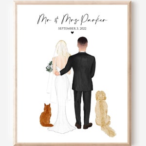Personalized Wedding Gift for Couple and Pet, Wedding Illustration, Dog Wedding Portrait Drawing Print, Bridal Shower Gift 1st Anniversary