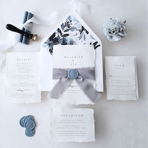 Dusty Blue Deckle Edge Wedding Invitation Suite, Handmade Torn Edge Invitations with Envelopes, Elegant Rustic Boho Wedding Stationery Set