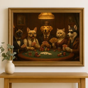 Custom Poker 5 Pets Portrait – Funny Pet Portrait Poker Art (Up to 5 Pets), unique gift for him, Fathers Day gift, Dogs playing poker canvas