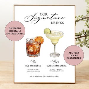 Signature wedding drink sign Signature cocktails for wedding Drink menu custom bar signs Wedding cocktails menu Signature drink signs design