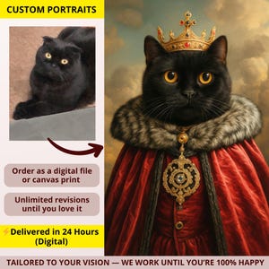 Custom Pet Painting From Photo Royal Black Cat Portrait Digital Download Print Gift for Pet Lovers Personalized Digital Pet Painting Gift