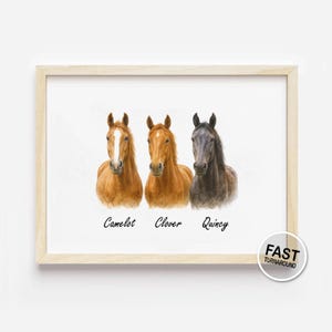 Custom Horse Watercolor Portrait – Digital Pet Art – Multiple Animals – Personalized Equine Painting
