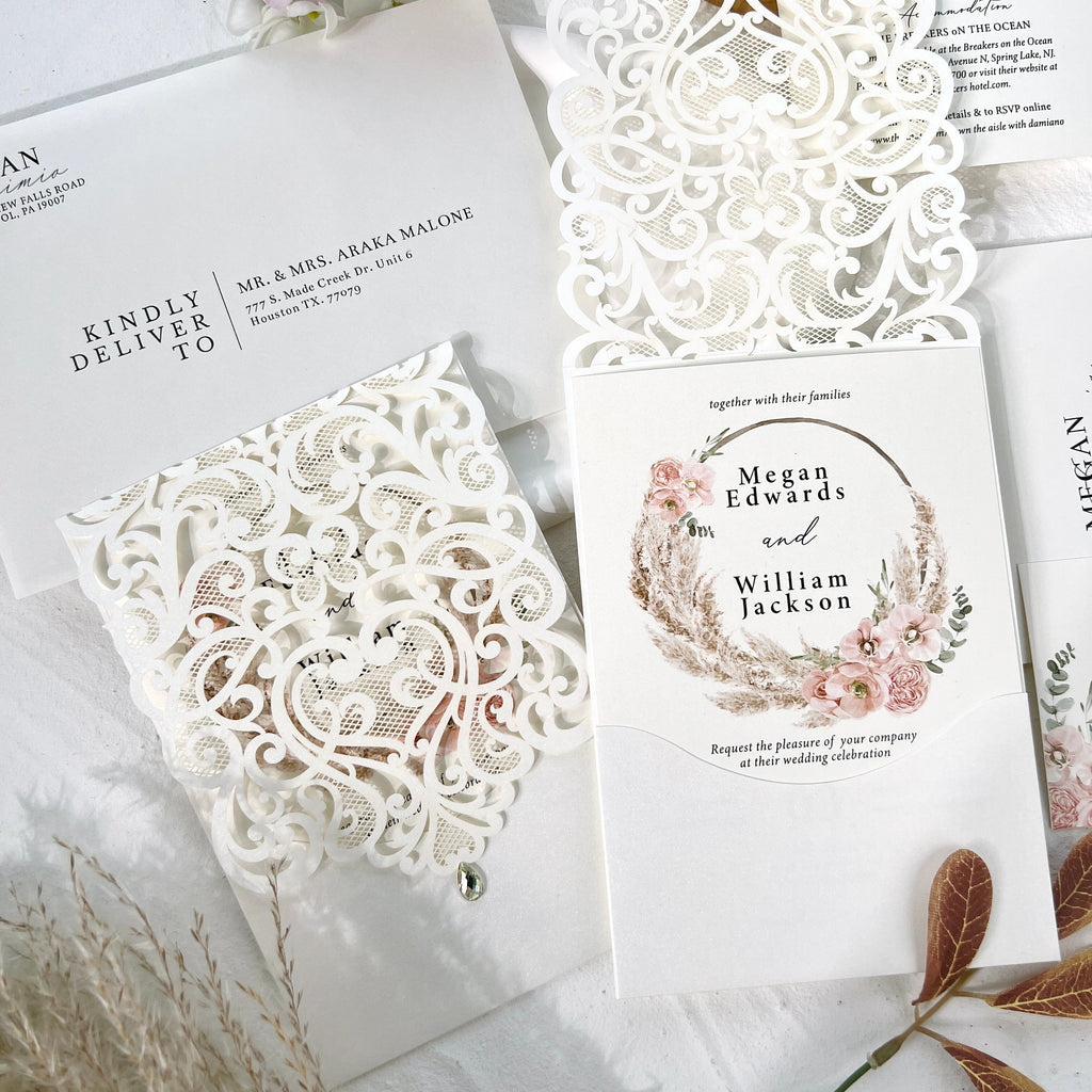 Ivory Pocket Floral Wedding Invitations and Enclosure Cards, Pampas Grass Invitation, Rustic Wedding Set