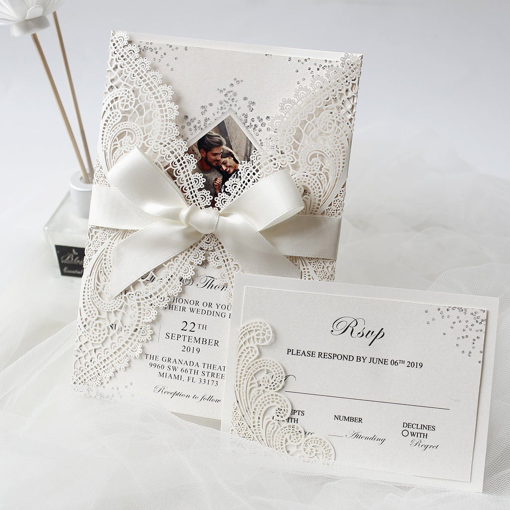 Laser Cut Ivory Wedding Invite Invitation Cards With Envelopes PB2001-IV