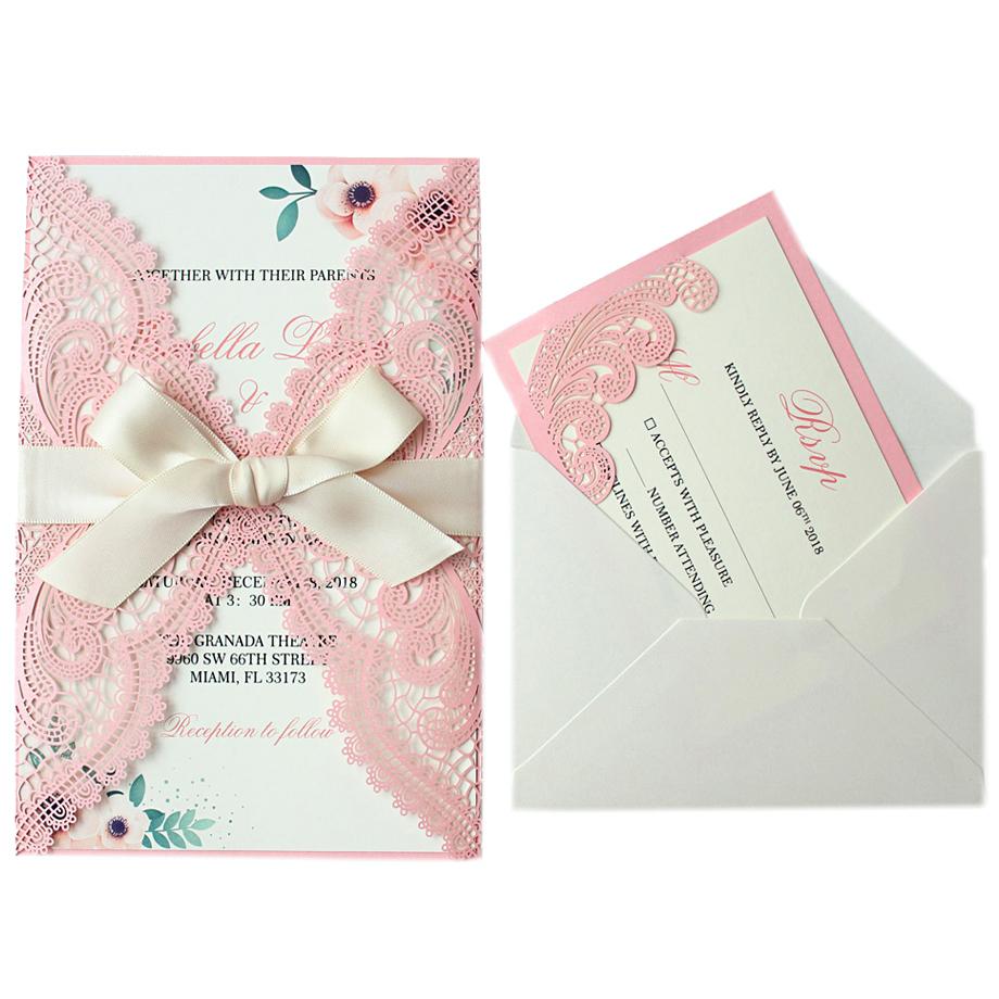 Laser Cut Pink Wedding Invitations, Romantic Wedding Invites PB1990