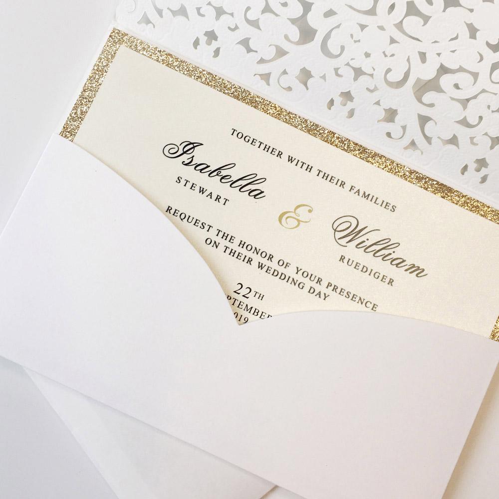 Laser Cut Pocket Wedding Invitations, Gold Glitter Wedding Invitations
