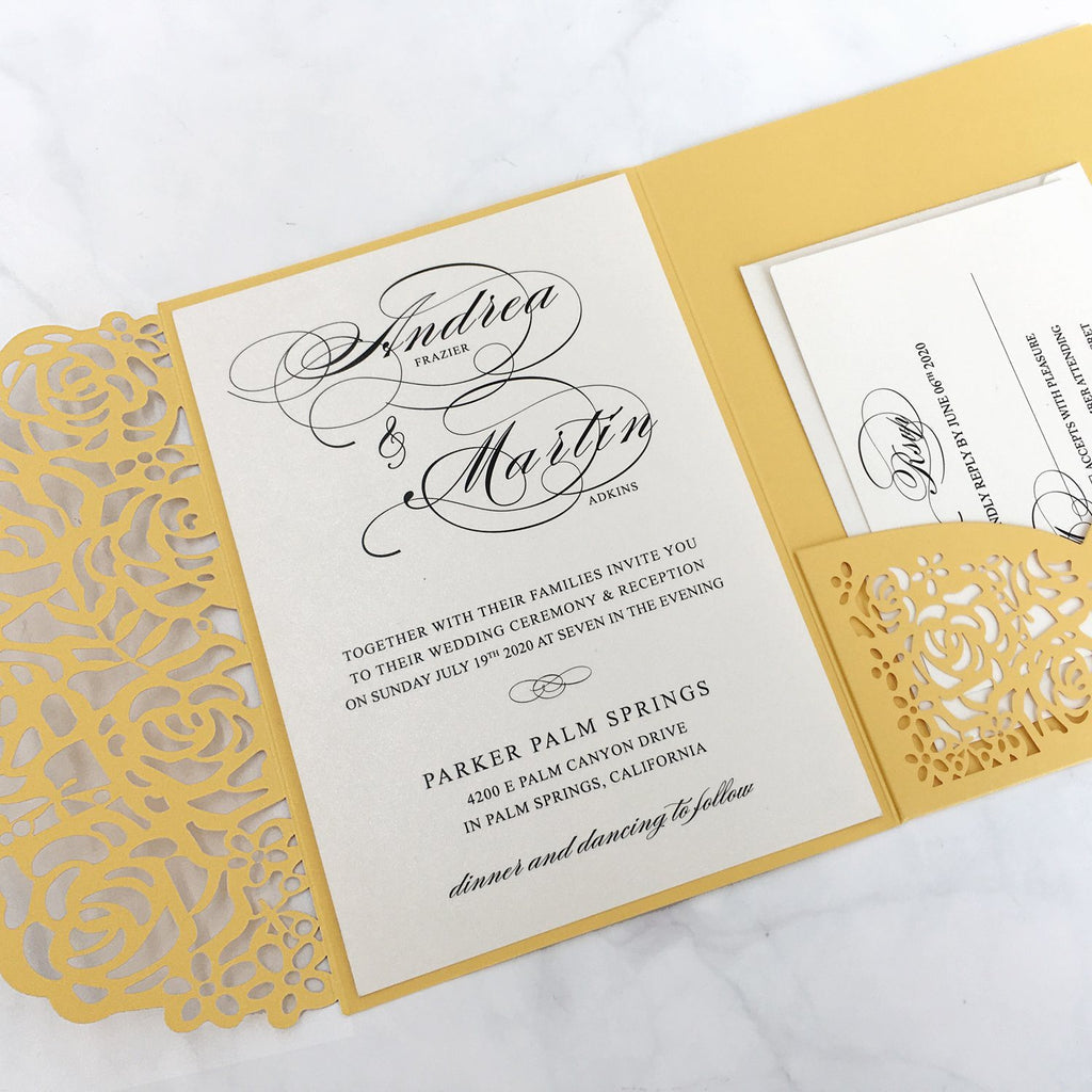 Laser Cut Wedding Invitations Yellow Gold Invitations With RSVP Cards
