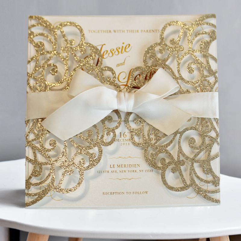 Laser Cut Wedding Invite Invitation Cards With Envelopes, Gold Glitter Wedding Cards