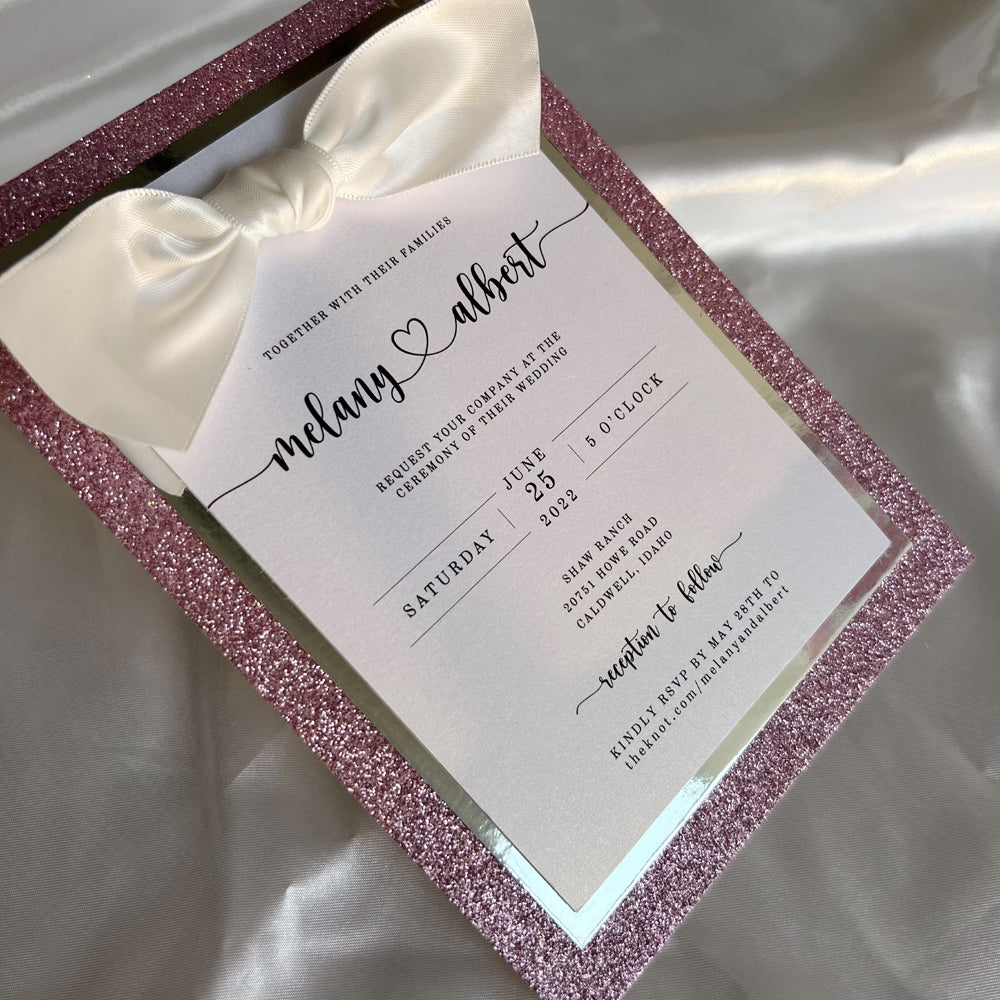 Lavender and Lilac Glitter Wedding Invitations with Ribbon Bow for Elegant Wedding