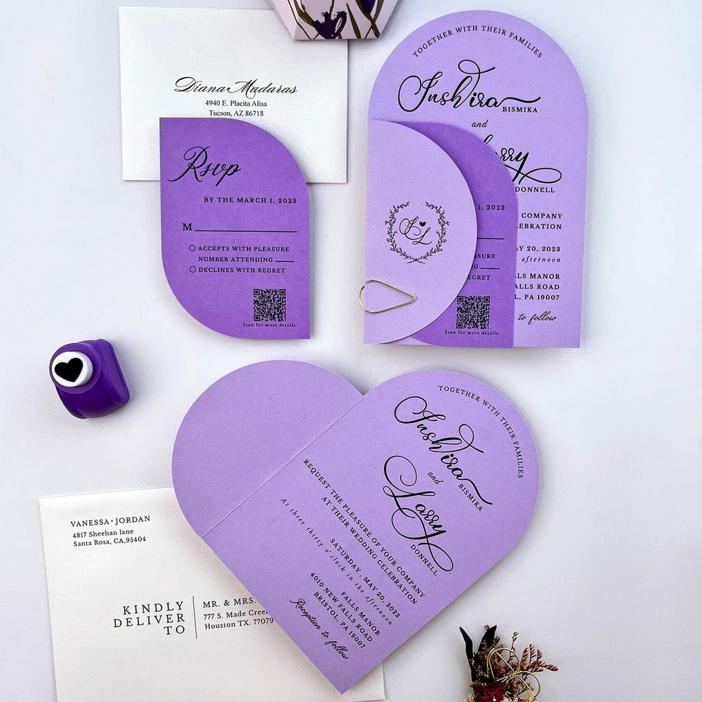 Lavender and Purple Heart Wedding Invitation Suite, Personalized Invitations, Unique Wedding Card