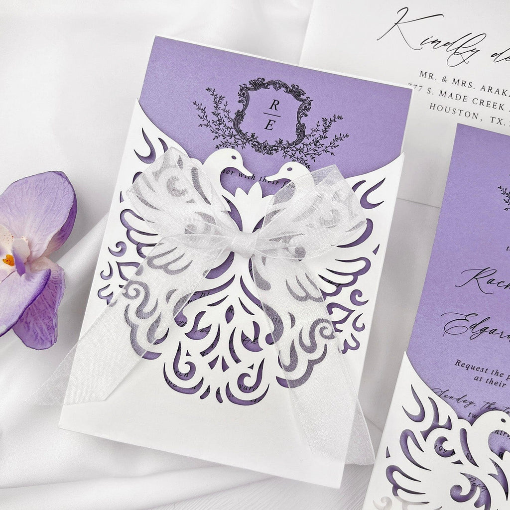 Lavender and White Swan Wedding Invitation Suite, Elegant Pocket Wedding Card, Chiffon bow