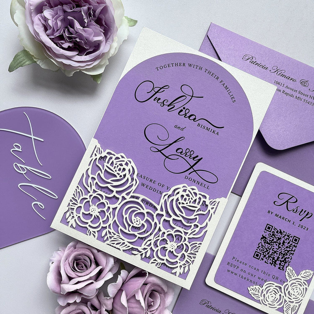 Lavender Floral Wedding Invitations, Elegant Ivory and Lilac Arch Invites, Romantic Laser Cut Pocket Wedding Invitation with Matched RSVP