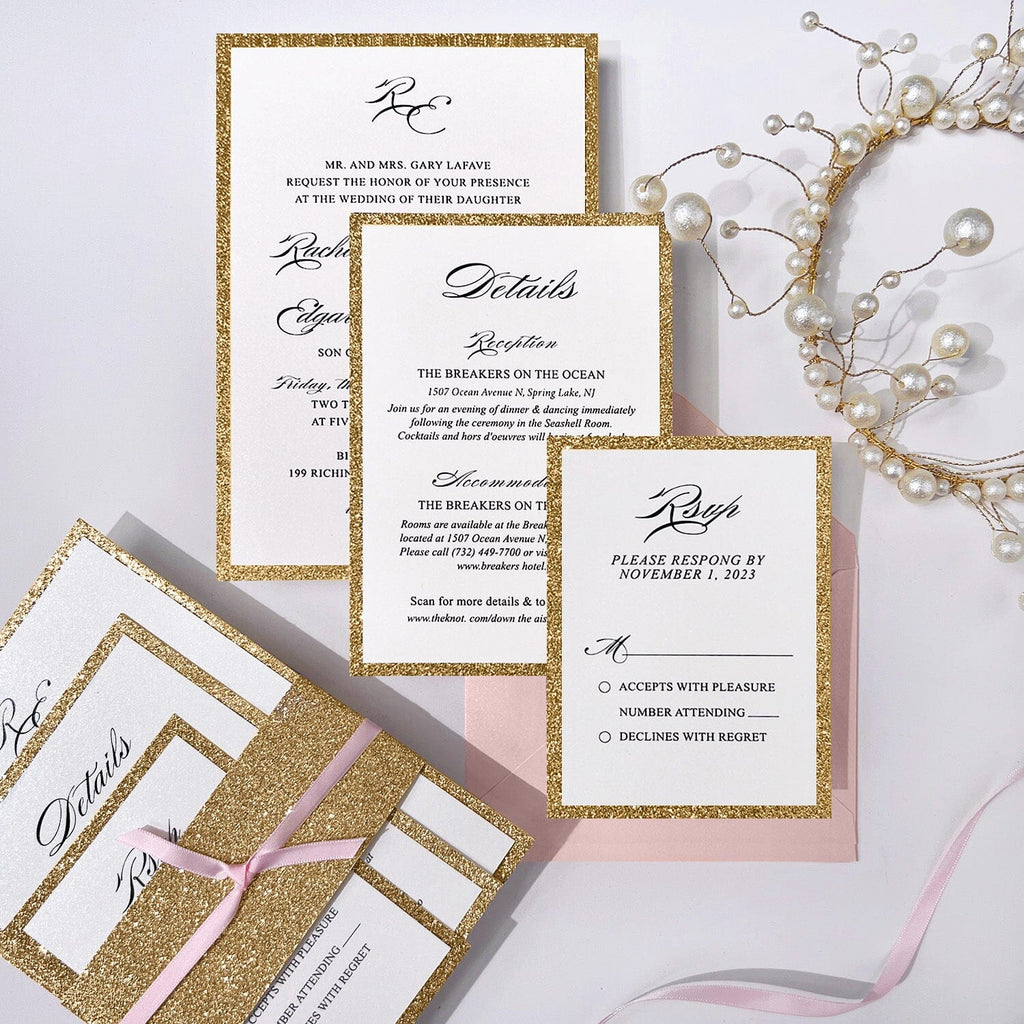 Luxury Gold Glitter and Pink Wedding Invitation, Modern Glam Double-layer Invites, Romantic Pink Ribbon and Envelopes, Customized Matched Cards