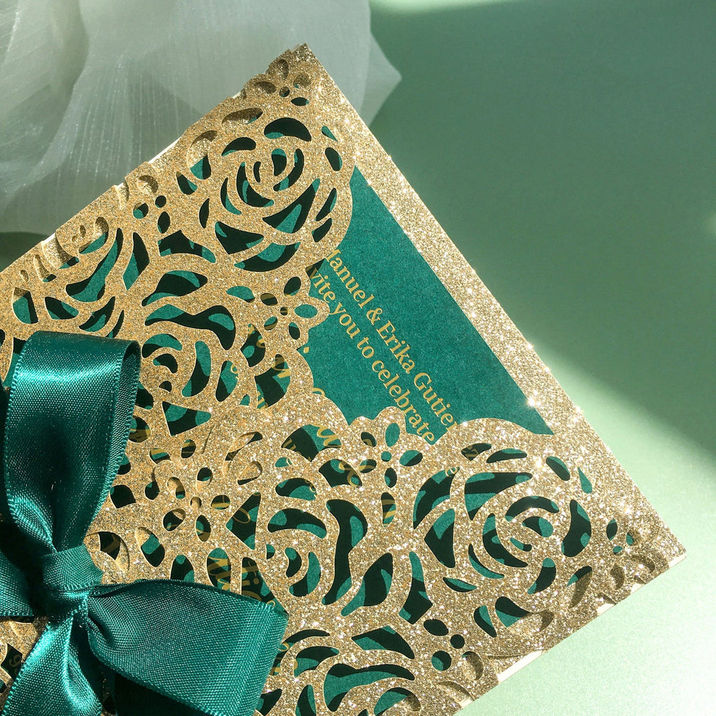 Luxury Gold Glitter Rose and Green Wedding Invitation with Gold Foil Printing