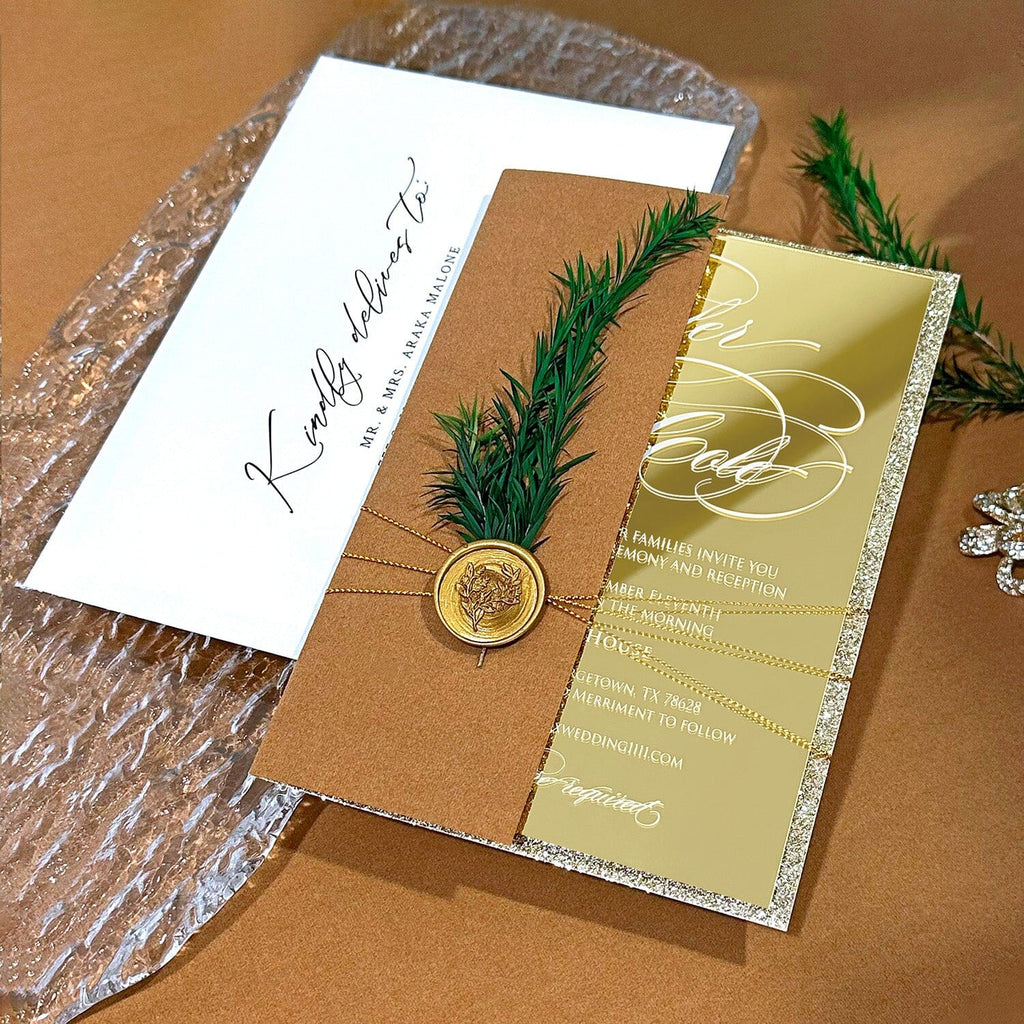 Luxury Mirror Gold Acrylic Pocket Wedding Invitations, Vintage Beige Velvet Cover Invites with Glitter Lined, Elegant Handmade Botanical and Wax Seal Invitation