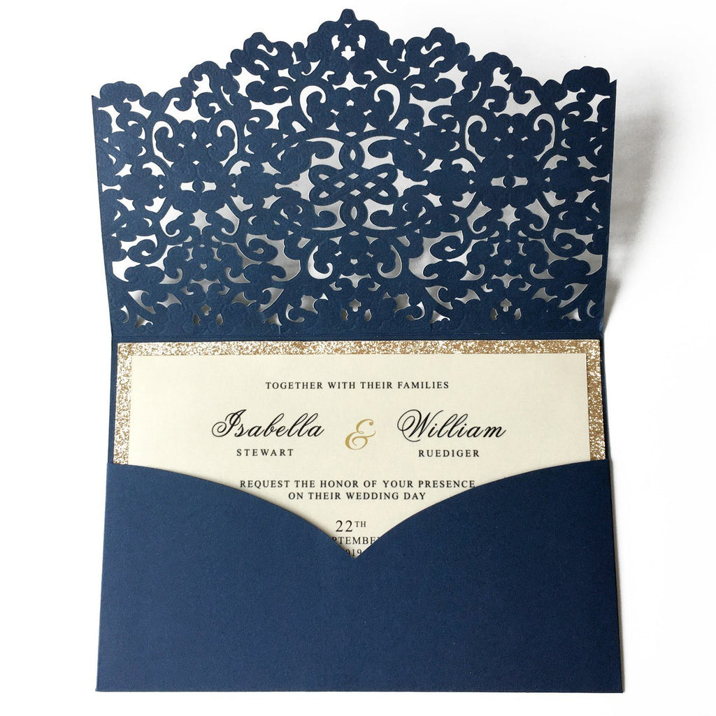 Luxury Navy Wedding Invitation Cards Pocket Design PB1988-N