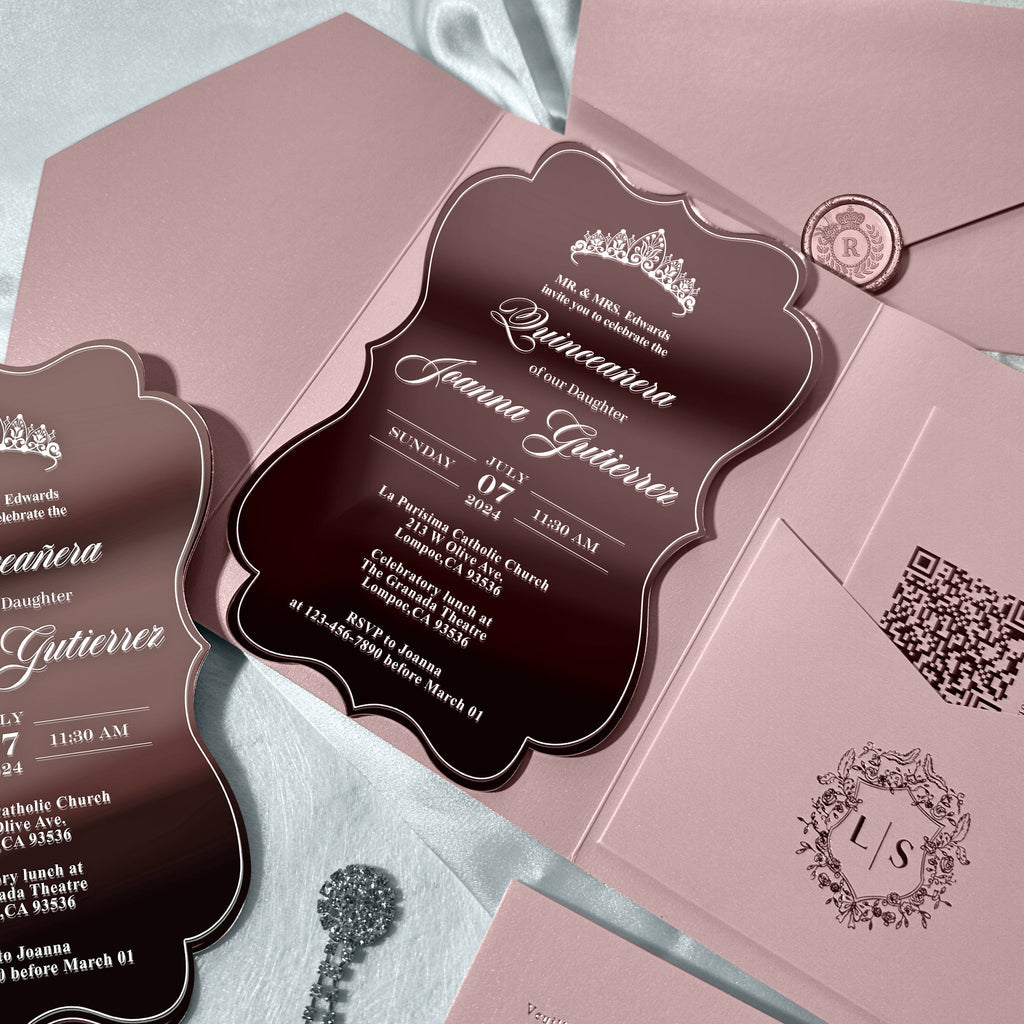 Luxury Rose Gold Mirror Quinceanera Invitation Suite, Sweet 16 Princess Crown Invitations with QR Code RSVP, Dusty Rose Pocket Invites for Wedding and Birthday Party etc.