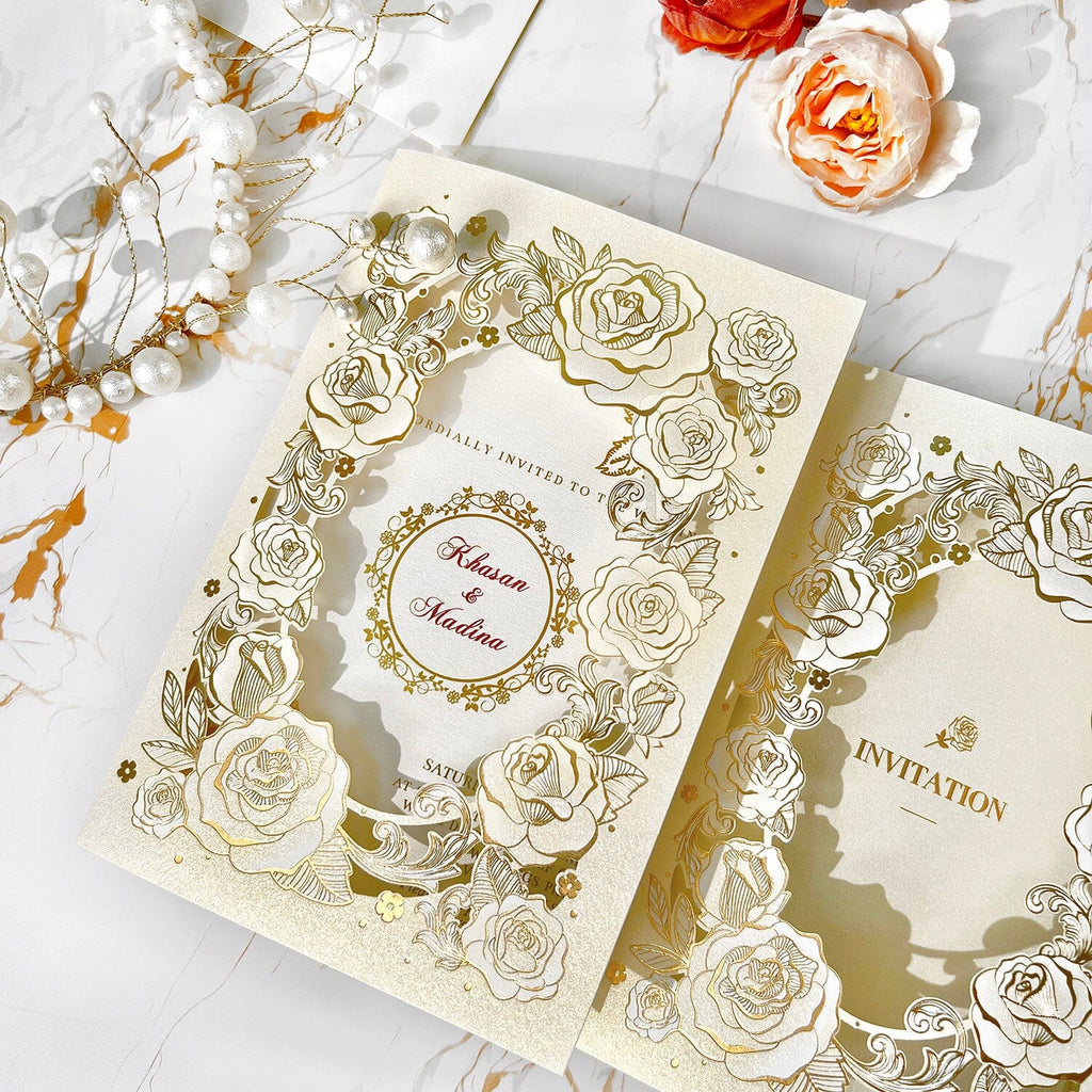 Luxury Tri-Fold Wedding Invitation Set, Gold Foil Rose Wedding Invites, Laser Cut Wedding Invitations
