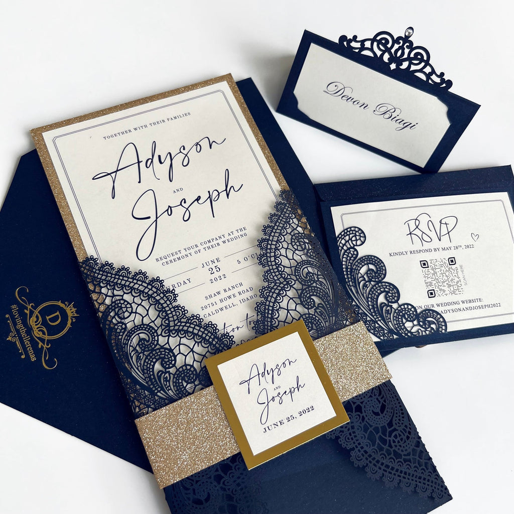 Navy and Gold Wedding Invitations Suite with Gold Glitter Bellyband