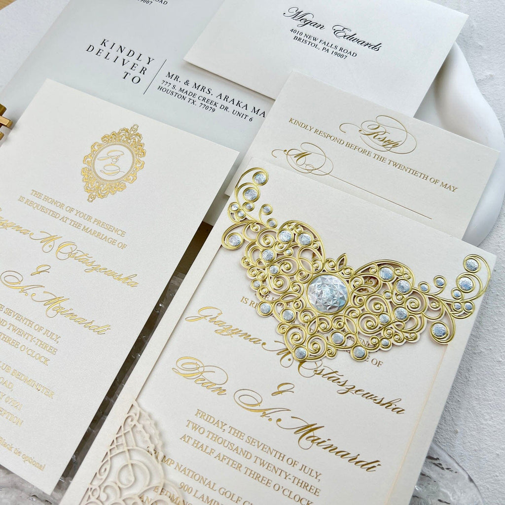 Picky Bride Gold Foil Wedding Invitations with RSVP, Pocket Invite Cards Customized Wording