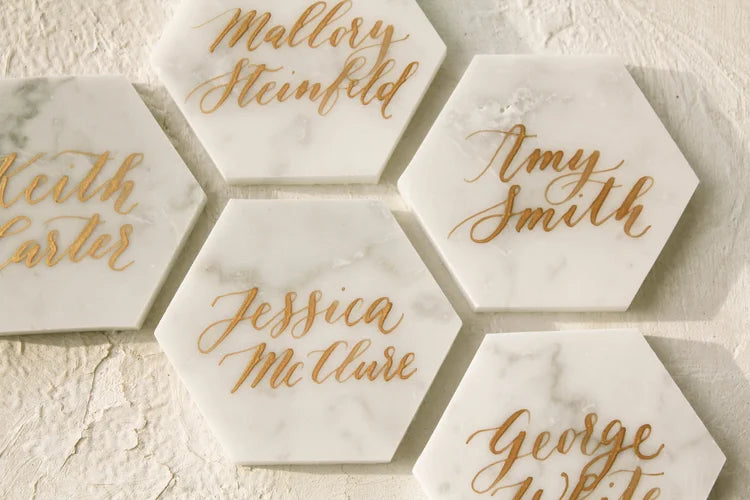 Marble Hexagon Place Cards with Gold calligraphy
